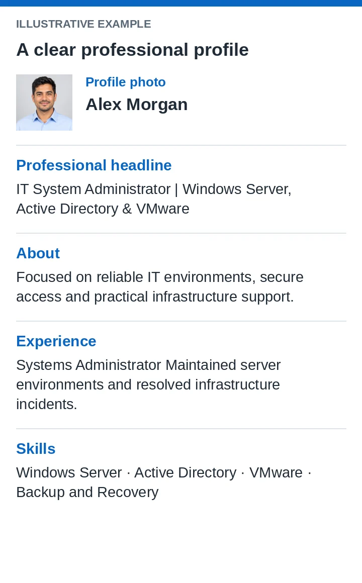 Example of a professional LinkedIn profile layout for profile optimization.